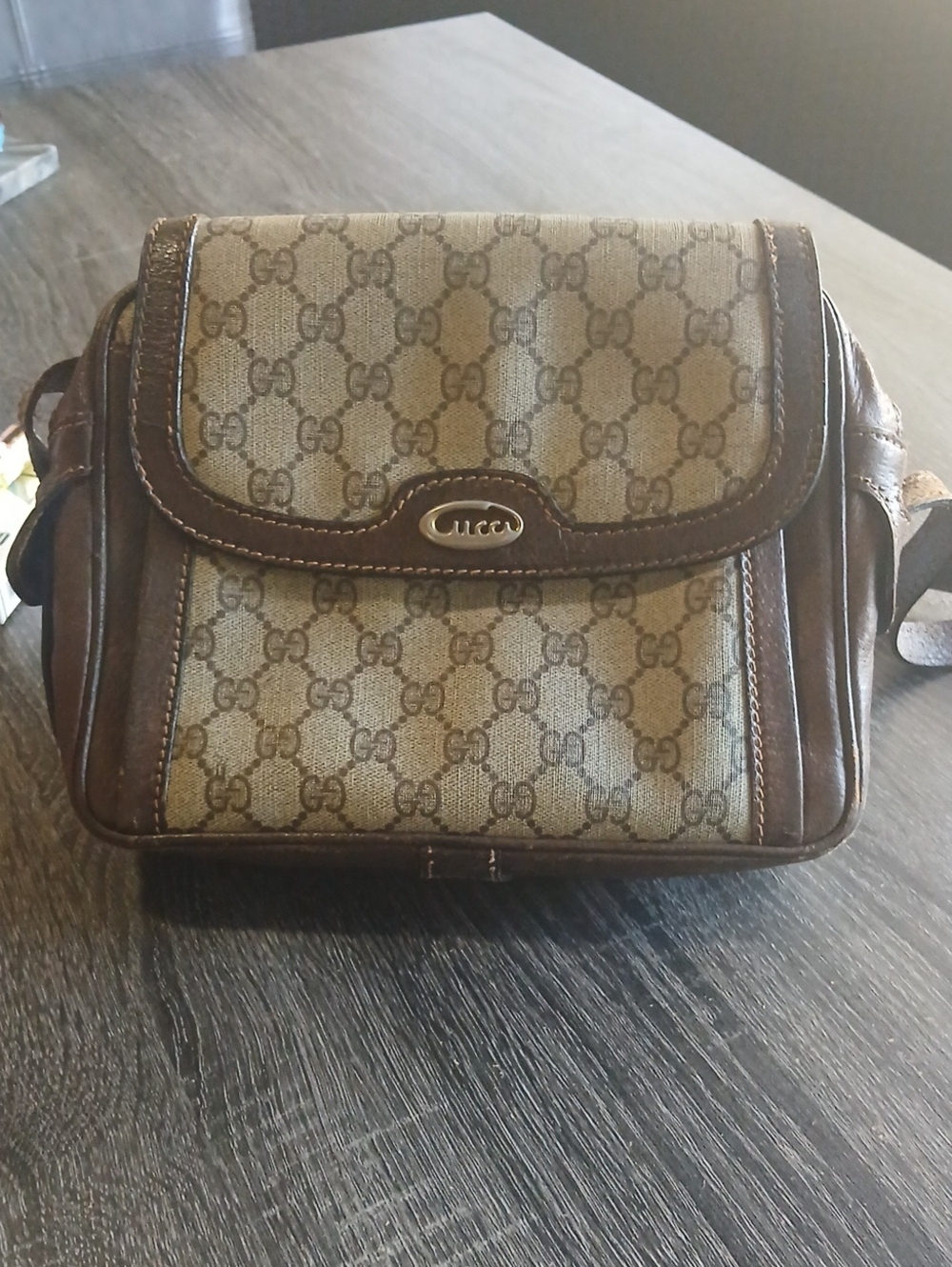 Gucci Beige Monogram Canvas and Brown Leather Crossbody Bag